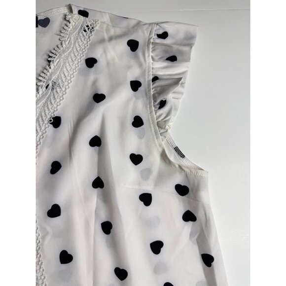 White Sleeveless Heart Print Blouse W/ Lace Details & Ruffled Shoulders - Picture 2 of 7
